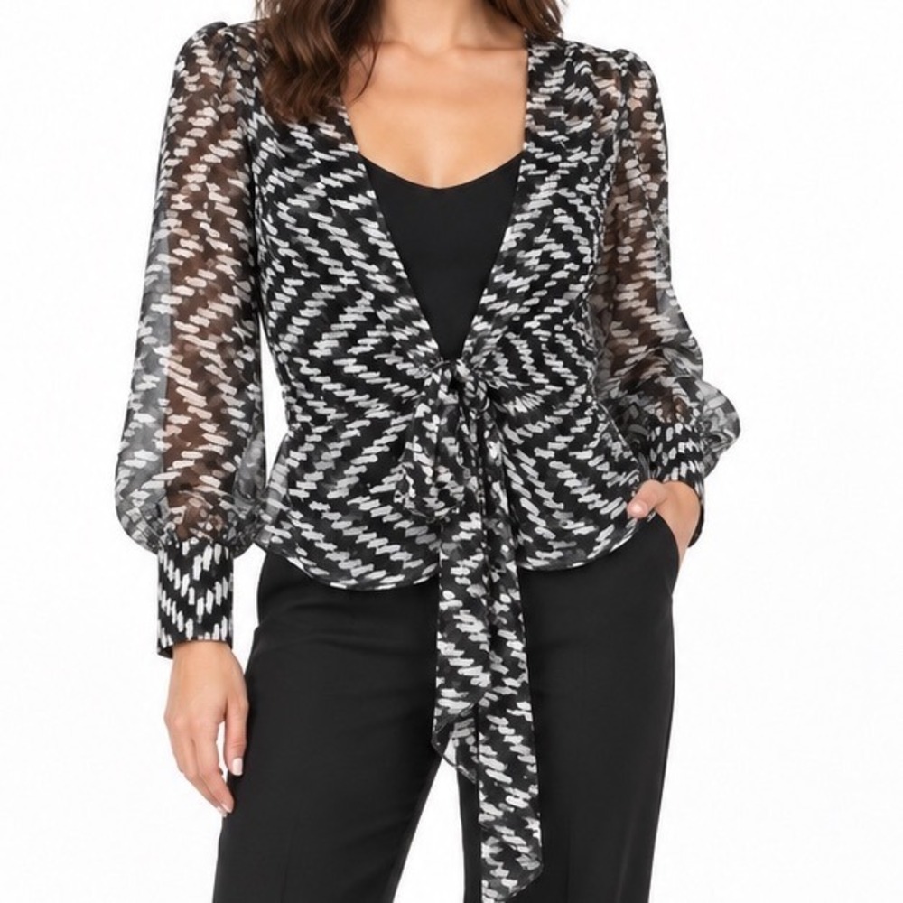 Diane von Furstenberg Silk Abstract Print Tie Front Top with Cami Black White 6